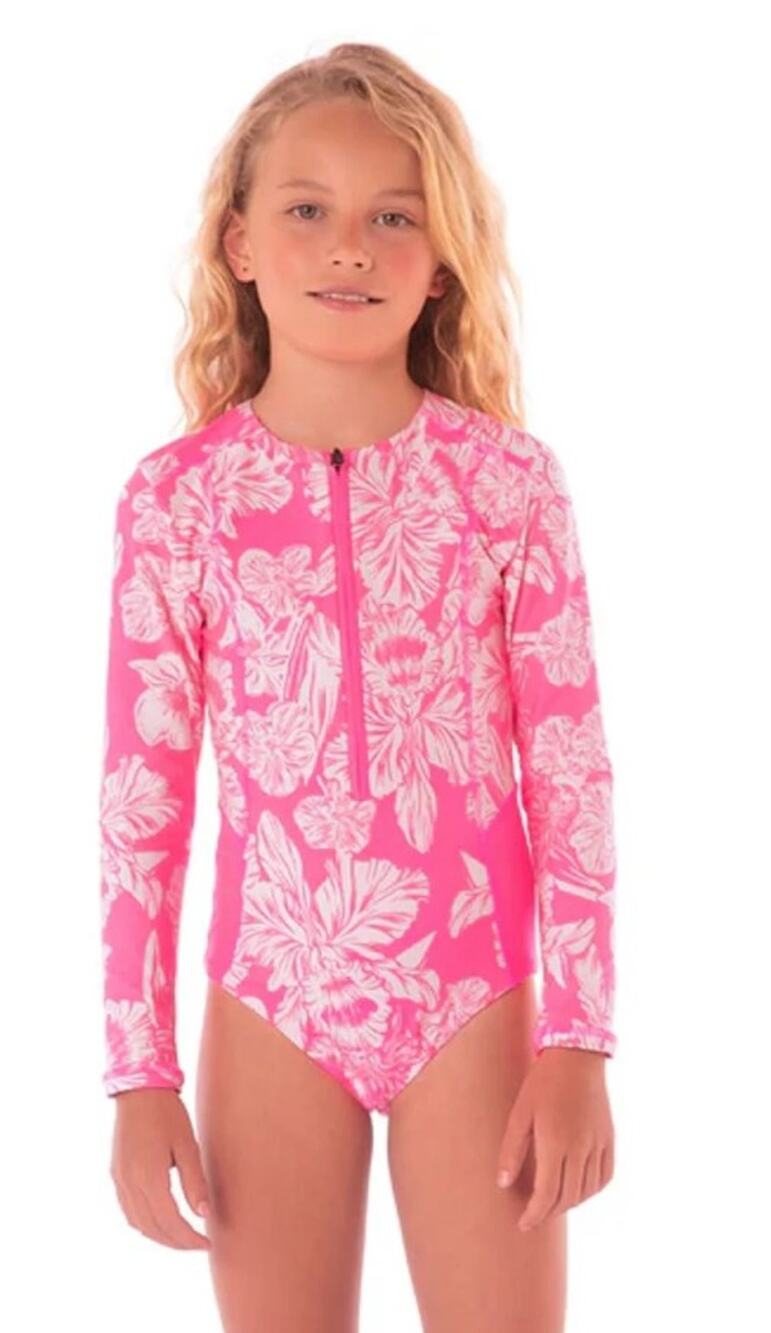 MAAJI Miku Reversible One Piece Swimsuit Girls Sz 8 Pink Floral Long Sleeve NWT
